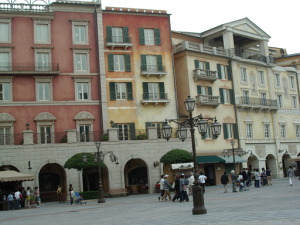 Hotel MiraCosta borders one side of the piazza and is built to look like separate structures.